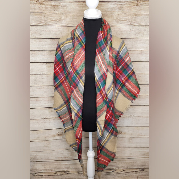 Red Tan Plaid Triangle Blanket Scarf Shawl Wrap - Picture 2 of 4